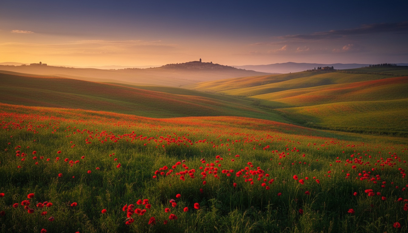 Green rolling hills scattered with red poppies and a distant hill town