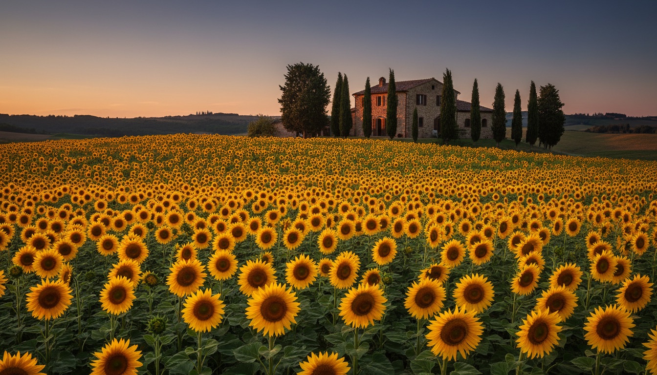Sunflowers at golden hour before a stone farmhouse and cypress trees