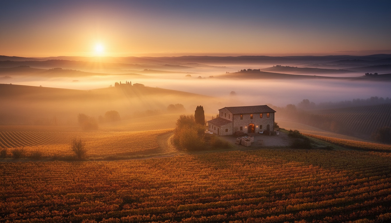 Amber vineyards in valley fog at sunrise with a warm-lit stone winery
