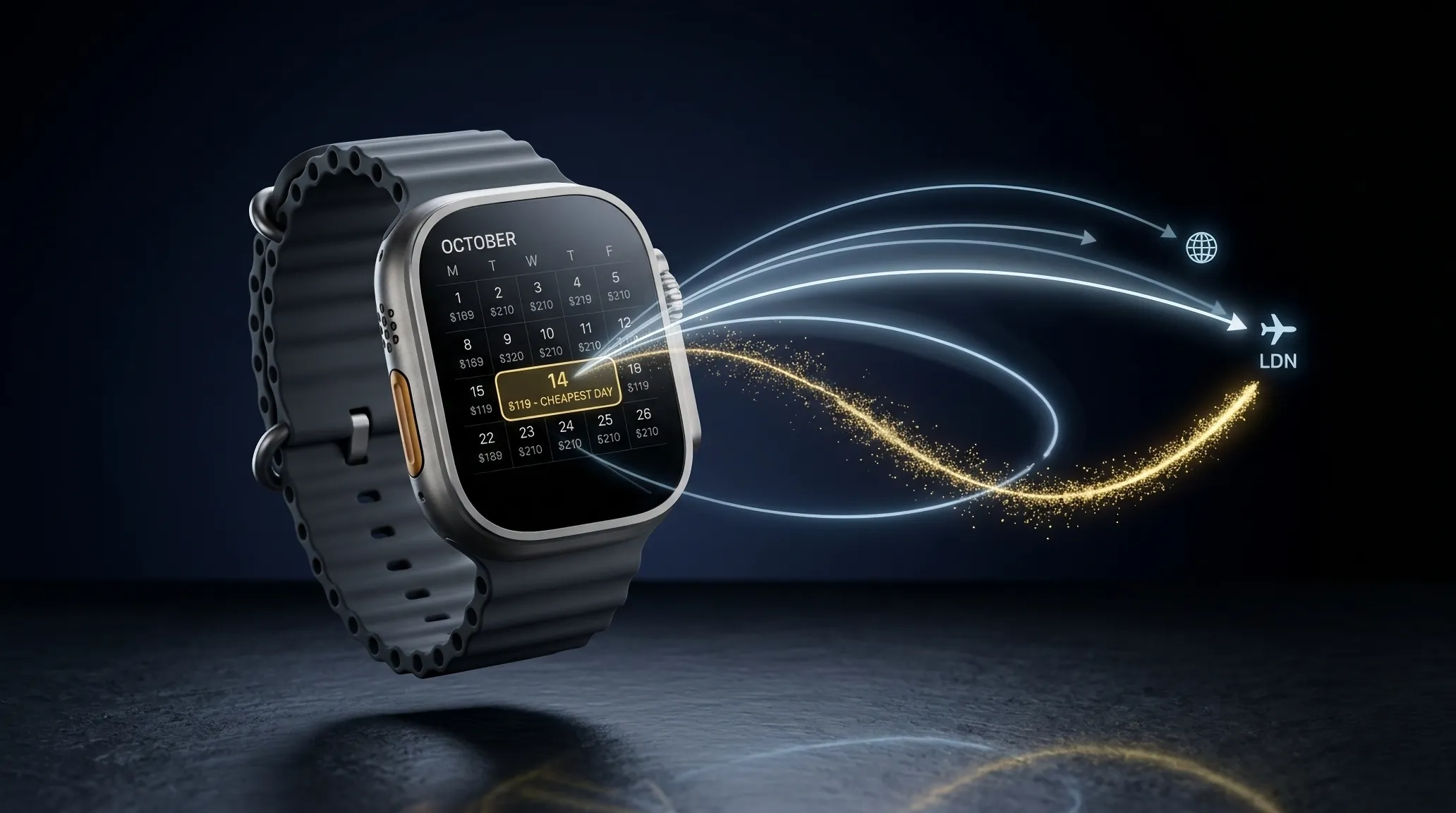 3D smartwatch showing flight booking timing